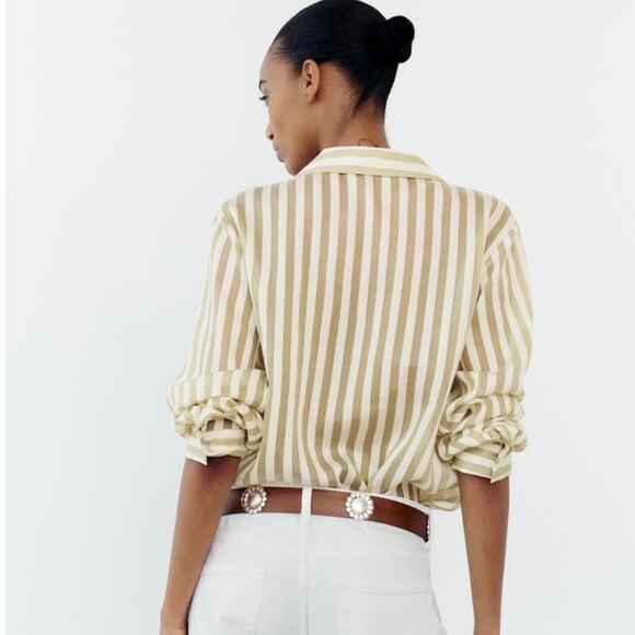 Zara Flowy Striped‎ Long Sleeve Gold Buttons Shirt Ecru/Green Sz L - Picture 4 of 13